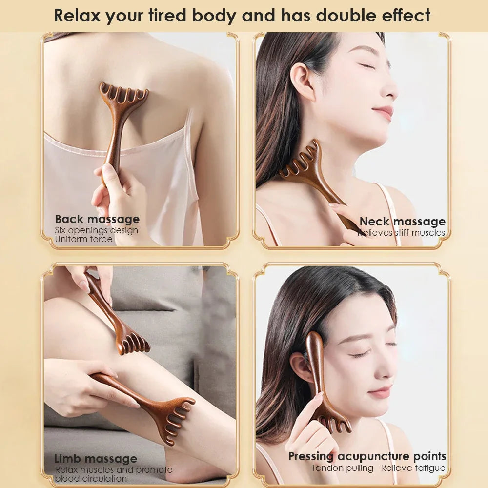 Alwafore Natural Sandalwood Massage Comb Six-Claw Head Acupoint Massage Gua Sha Tool Neck Face Lifting Scraping Massager