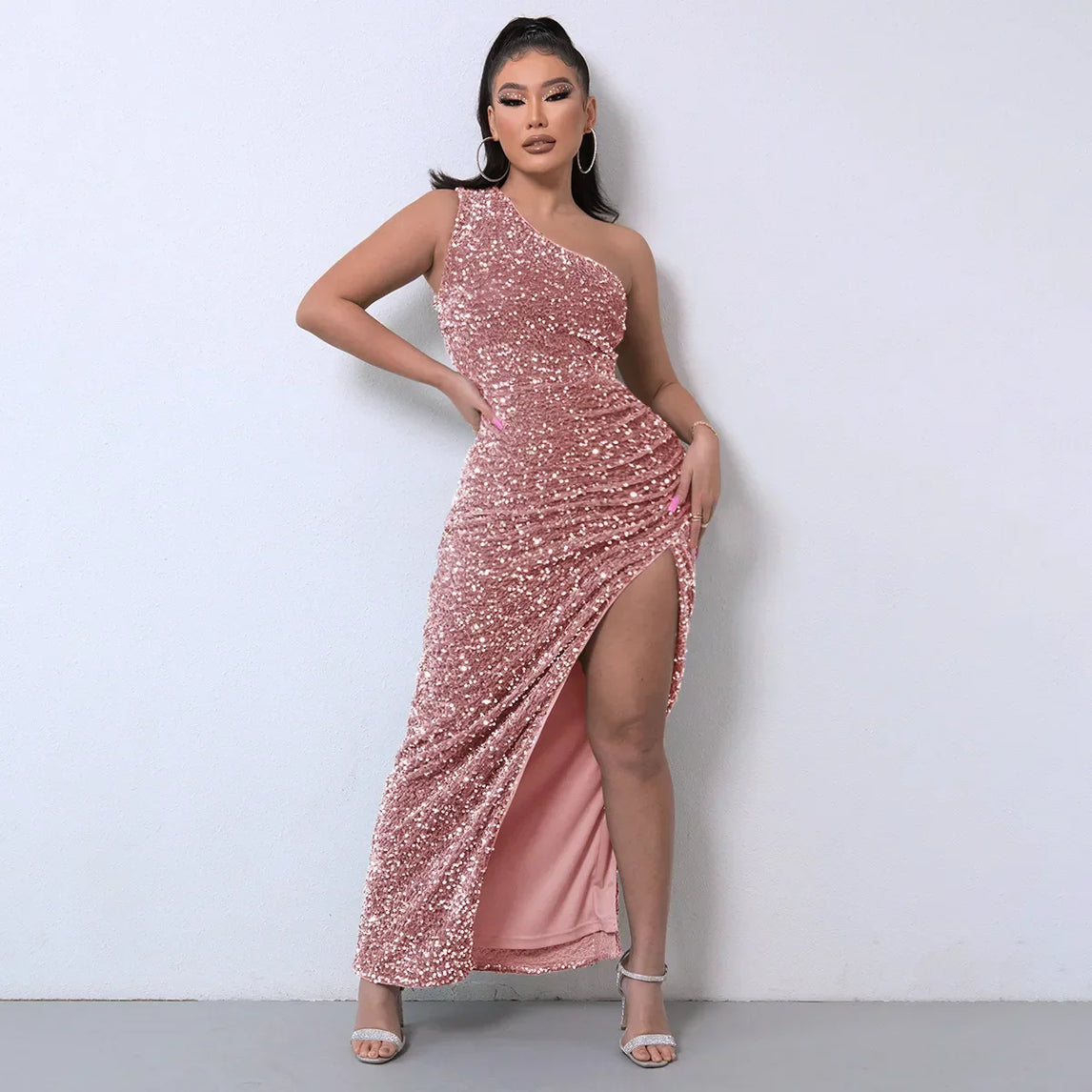 2023 Amazon Independent Station Fashionable Sleeveless Sequins Flannelette Single Shoulder Side Slit Evening Dress