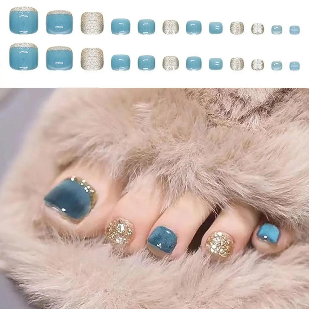 Fashion Short Square Fake Toenails French Blue Cat Eye Toe Nails Simple Full Cover Foot Nails for Women Girl
