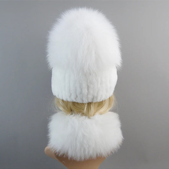 Luxury Women Winter Luxury Real Rex Rabbit Fur Hat Scarf 2 Pieces Knitted Rex Rabbit Fur Hat Top Natural Fox Fur Cap Scarves Set