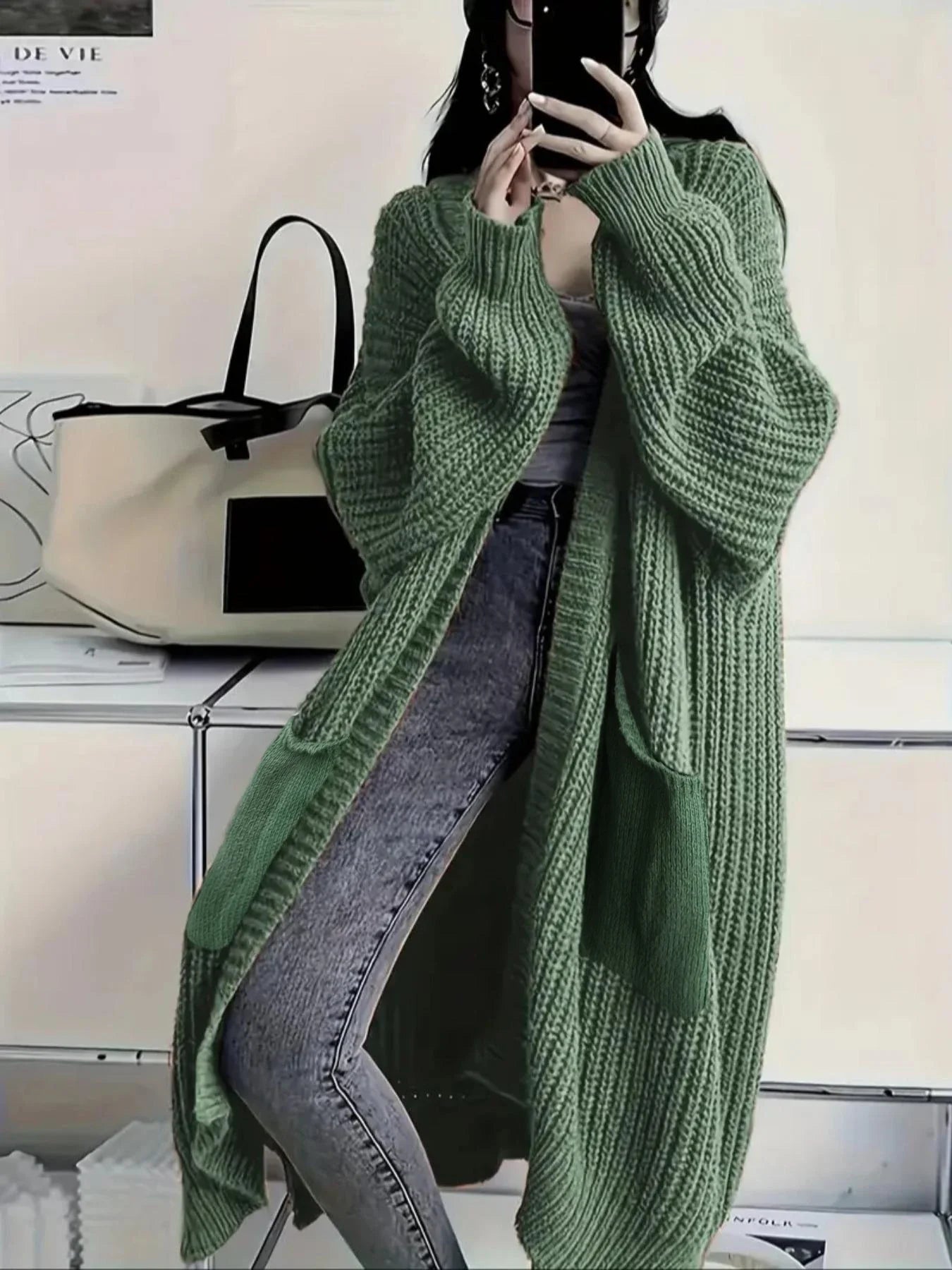 Women's Solid Open Front Knit Cardigan with Pockets - Casual Long Sleeve Sweater for Comfortable Layering