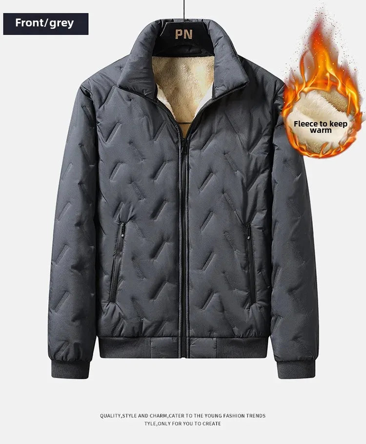 Men's Cotton Jacket Lamb Velvet Winter Loose Outerwear Fleece Lined Thick Warm Windproof Stand Collar Casual Jacket