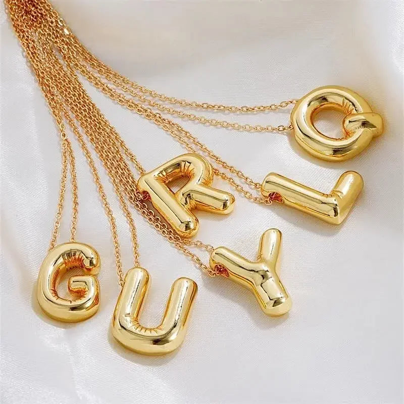 LATS Gold Plated Metal Chunky Alphabet Balloon Bubble Initial Letter Pendant Necklace for Women Men Boy Fashion Jewelry