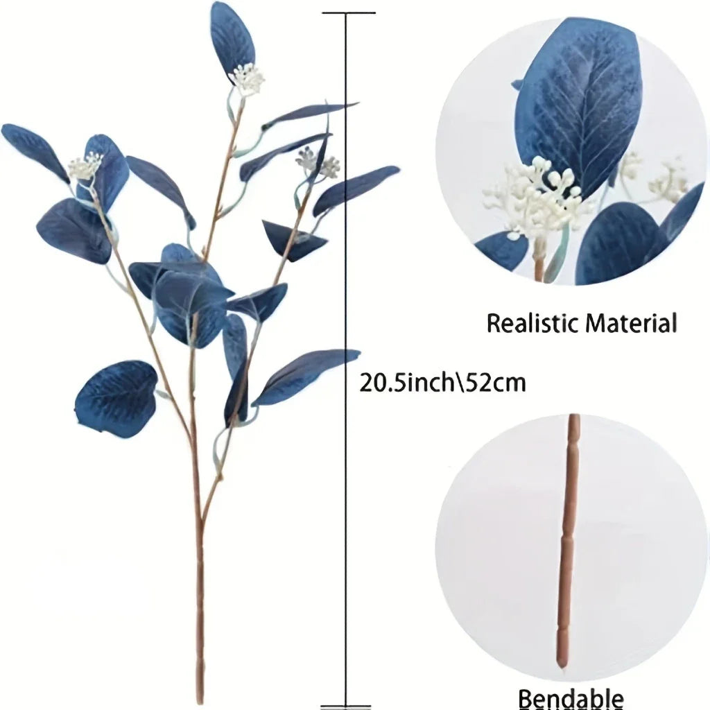 6pcs Faux Eucalyptus Stems- Blue Artificial Greenery Spray with Silver Dollar Seeds for Home Decor, Kitchen, Vase Arrangements