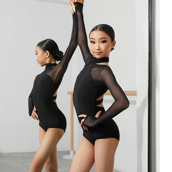 Black Latin Dance Clothing Jumpsuit Girls Long Sleeves Leotard Latin Tops Ballroom Dance Performance Wear Cha Cha Bodysuit Child