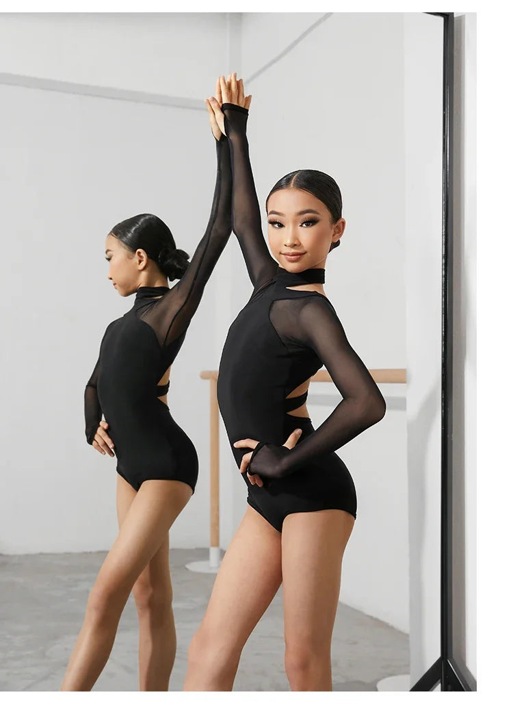 Black Latin Dance Clothing Jumpsuit Girls Long Sleeves Leotard Latin Tops Ballroom Dance Performance Wear Cha Cha Bodysuit Child