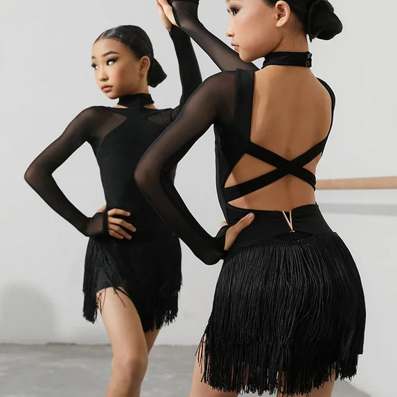 Black Latin Dance Clothing Jumpsuit Girls Long Sleeves Leotard Latin Tops Ballroom Dance Performance Wear Cha Cha Bodysuit Child