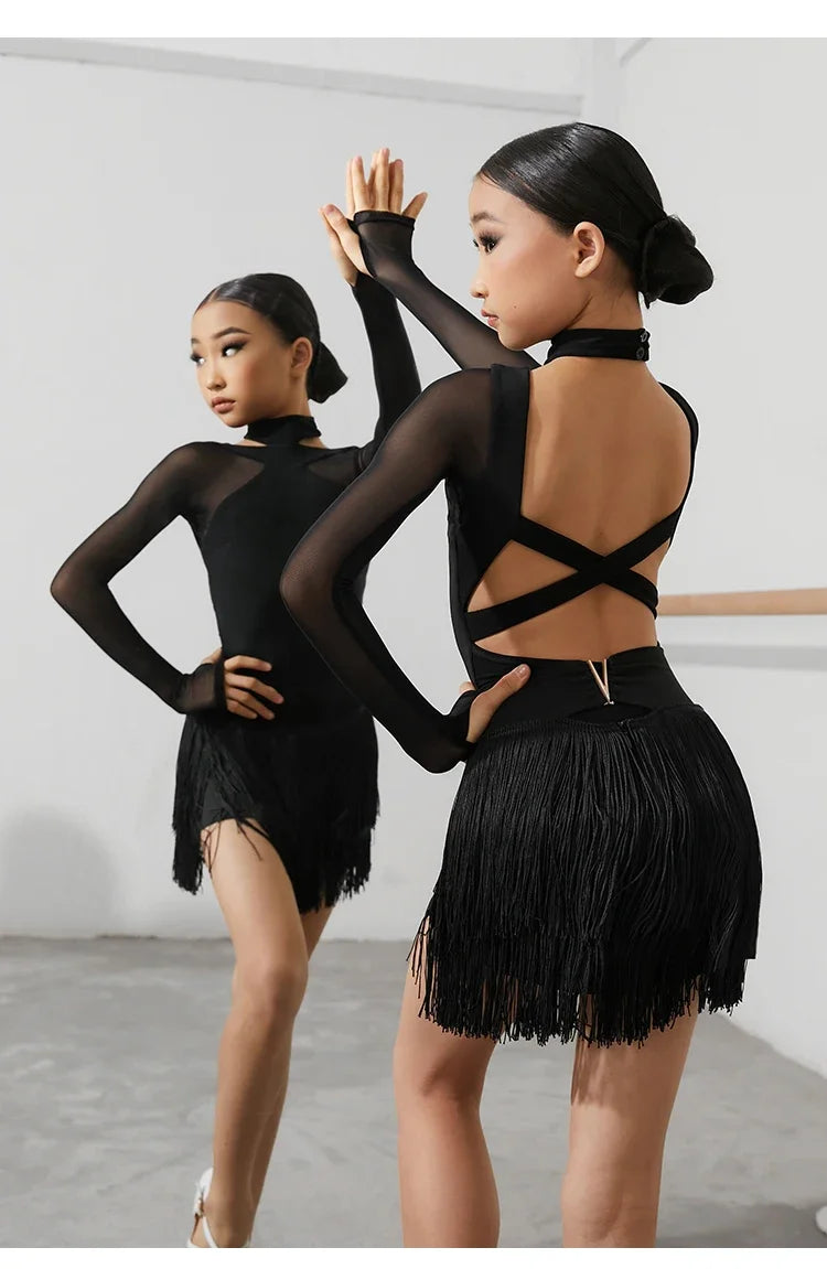 Black Latin Dance Clothing Jumpsuit Girls Long Sleeves Leotard Latin Tops Ballroom Dance Performance Wear Cha Cha Bodysuit Child