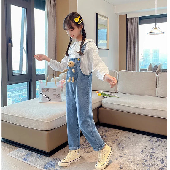 2024 Spring Autumn Children Denim Bib Jumpsuit Pockets with Bear Kids Overalls Jeans for Girls Teenage Girls Suspender Trousers