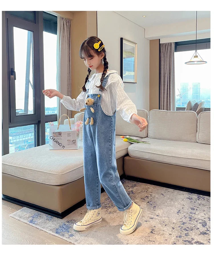 2024 Spring Autumn Children Denim Bib Jumpsuit Pockets with Bear Kids Overalls Jeans for Girls Teenage Girls Suspender Trousers