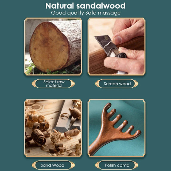 Alwafore Natural Sandalwood Massage Comb Six-Claw Head Acupoint Massage Gua Sha Tool Neck Face Lifting Scraping Massager