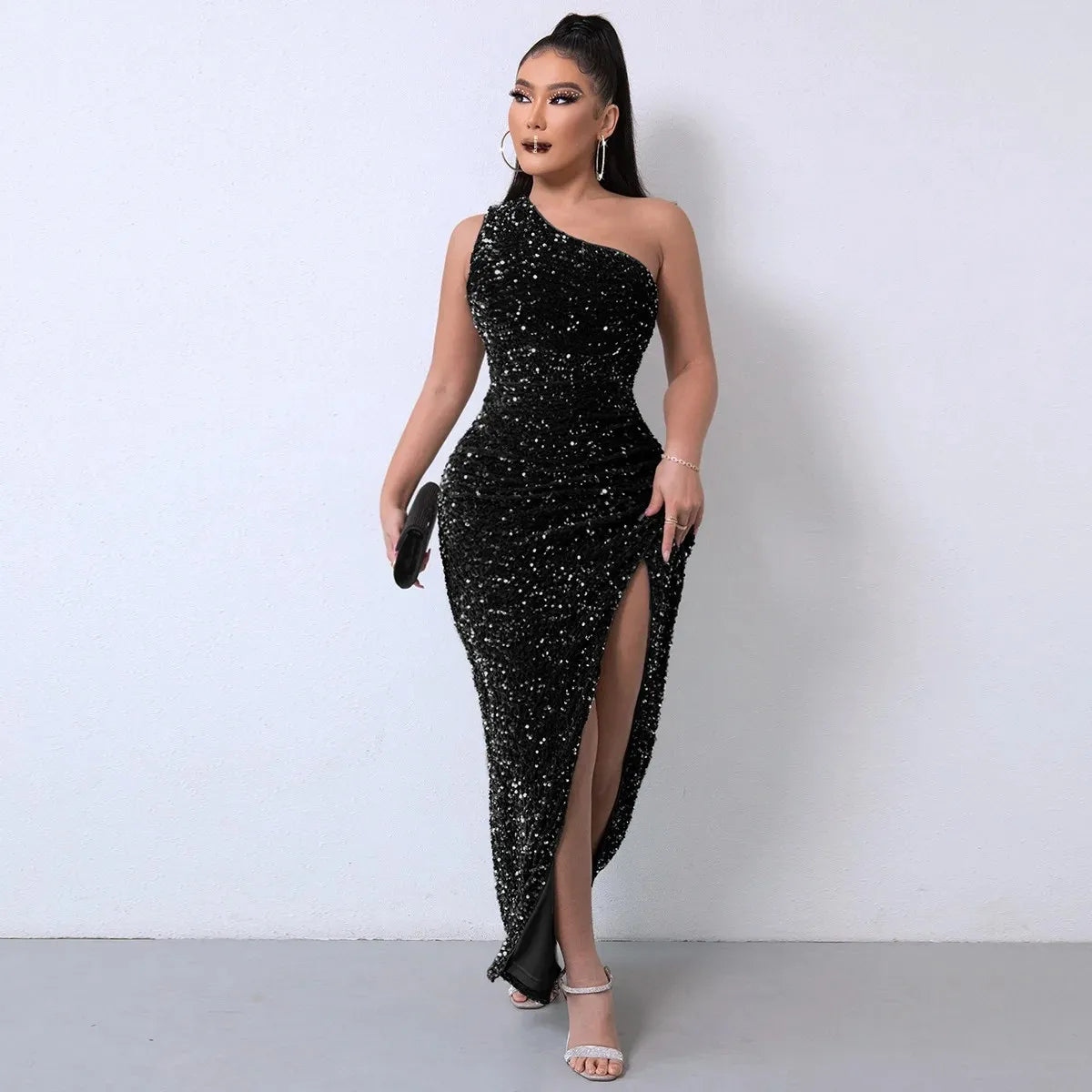 2023 Amazon Independent Station Fashionable Sleeveless Sequins Flannelette Single Shoulder Side Slit Evening Dress