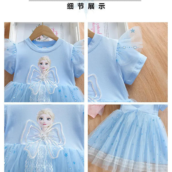 New Disney Girls Dress Short Sleeve Summer Princess Dresses Frozen Elsa Party Baby Dresses for Children Clothing Kids Clothes