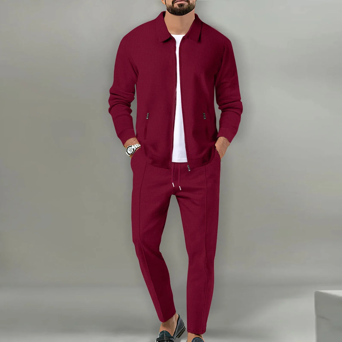 New Men's Jacket POLO Shirt 2 sets Long Sleeve Casual Fashion Commercial Breathable lapel, Pants pull Rope Solid Color Men 2 set