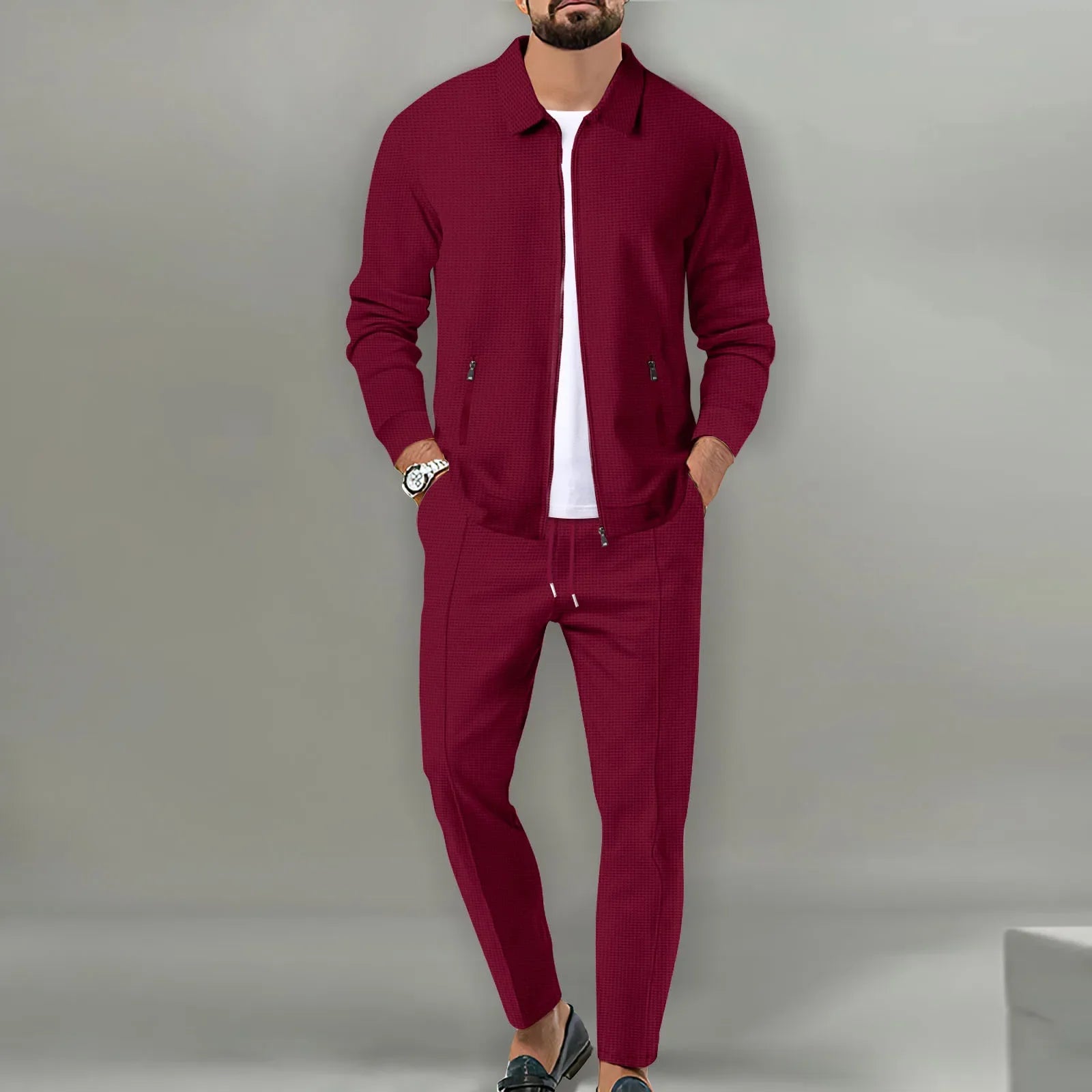 New Men's Jacket POLO Shirt 2 sets Long Sleeve Casual Fashion Commercial Breathable lapel, Pants pull Rope Solid Color Men 2 set