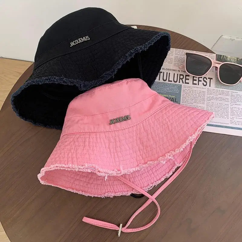 Summer Must Have Washed Cotton Fisherman Hat Wide Brim Raw Hem Drawstring Sun Protection Trendy Vacation Fashion Beach Holiday
