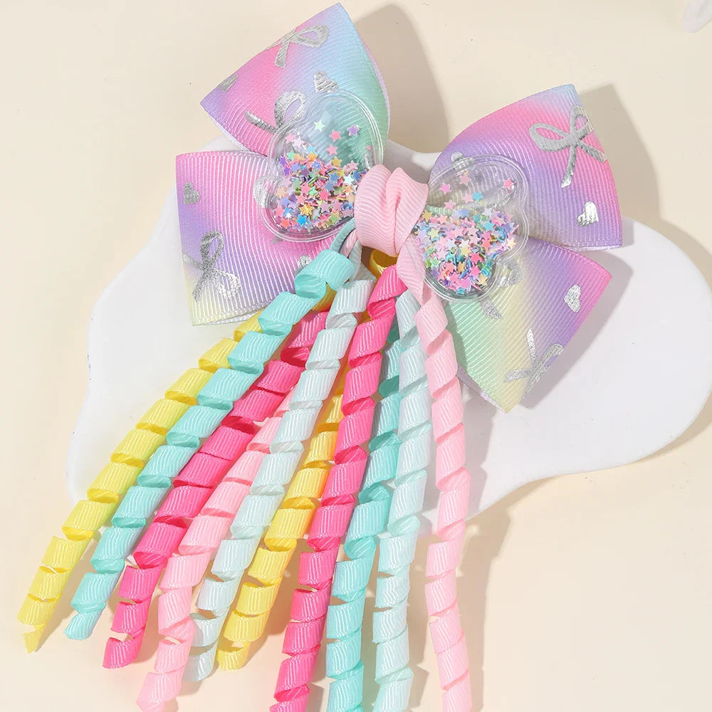 Sweet Unicorn Hair Clips For Girl Bow Barrette Cute Tassel Ribbon Curly Ponytail Hairpins Accessories