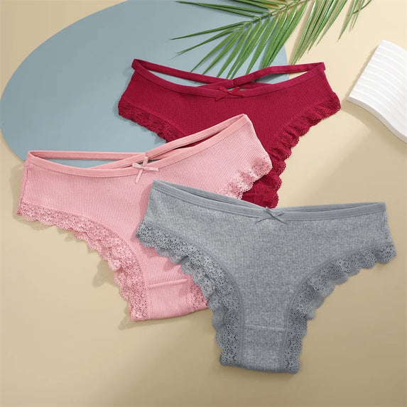 3PCS/Set Women Cotton Panties Sexy Low Rise Lace Brazilian Panties Hollow Out Soft Breathable Lingerie Female Bow Underwear S-XL