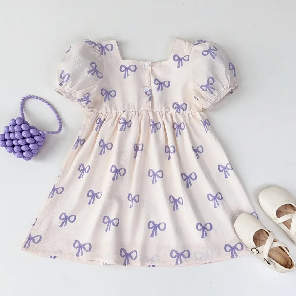 Bear Leader Short Sleeved Girls Clothing Summer New Bow Print Casual Dresses Sweet and Cute Kids Clothes for 3-7 Years Wear