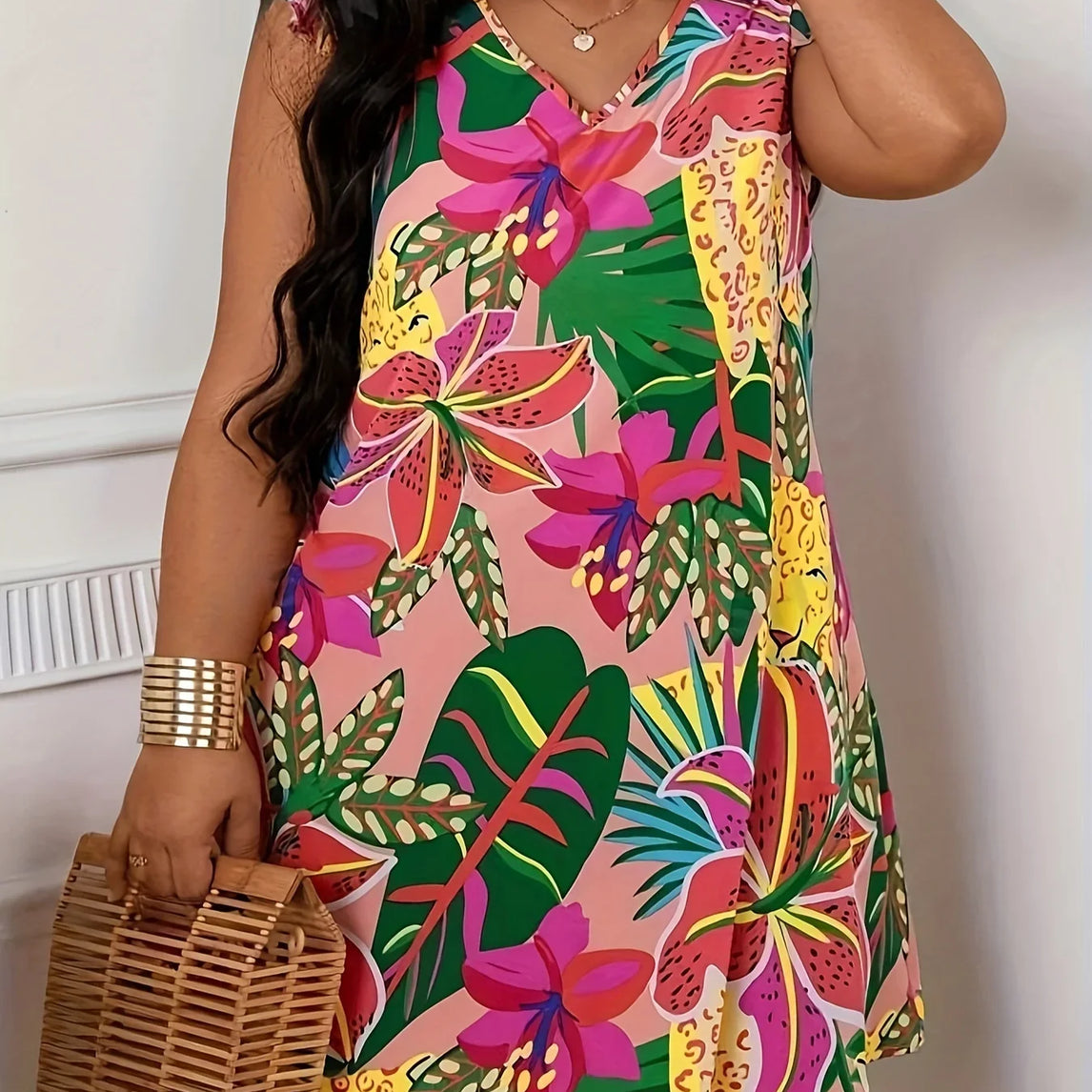 Plus Size Summer Vacation Dress for Women Casual Floral Print V Neck Curve Clothing Butterfly Sleeve Dresses