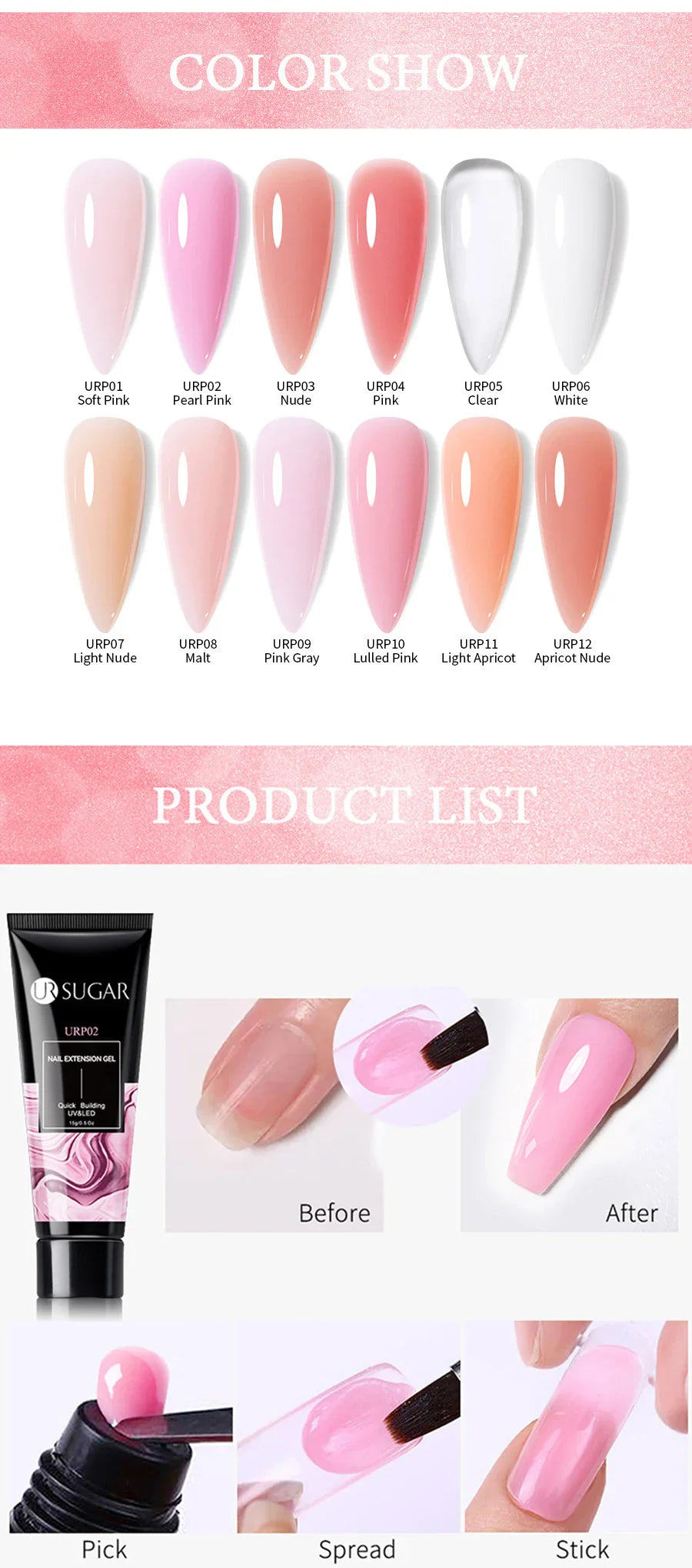 UR SUGAR 15ml Nail Extension Gel Soak Off UV LED Acrylic Crystal White Clear Nude Gel Nail Polish UV Construction Gel