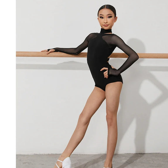 Black Latin Dance Clothing Jumpsuit Girls Long Sleeves Leotard Latin Tops Ballroom Dance Performance Wear Cha Cha Bodysuit Child