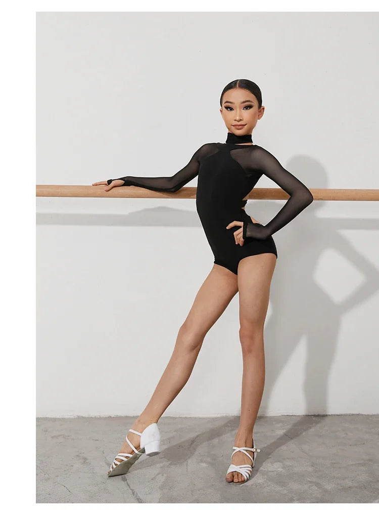 Black Latin Dance Clothing Jumpsuit Girls Long Sleeves Leotard Latin Tops Ballroom Dance Performance Wear Cha Cha Bodysuit Child