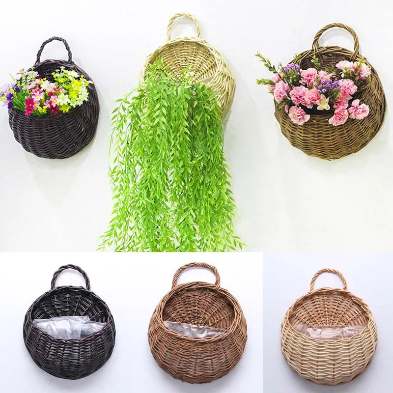 Hand Made Wicker Rattan Flower Planter Wall Hanging Wicker Rattam Basket Garden Vine Pot Plants Holder Garden Pots Wall Planter