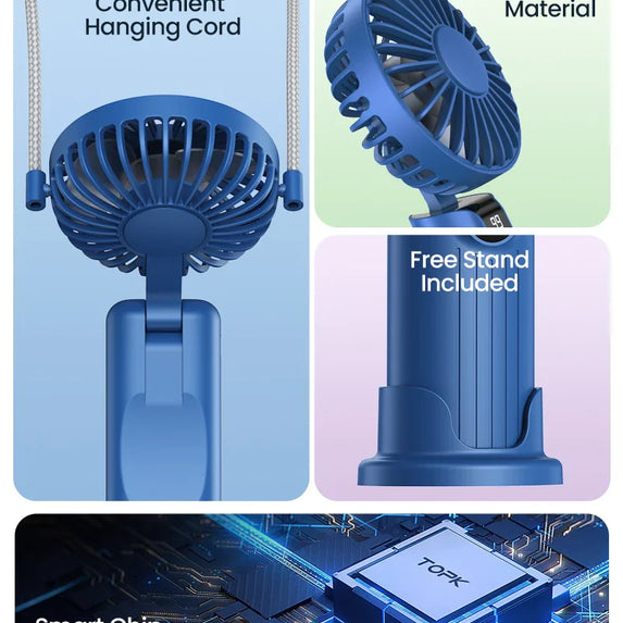 TOPK 5000mAh Mini Portable Fan USB Rechargeable Hand Held Fan,Small Pocket Fan 3 Speeds with Lanyard &Base,USB Desk Fan Foldable
