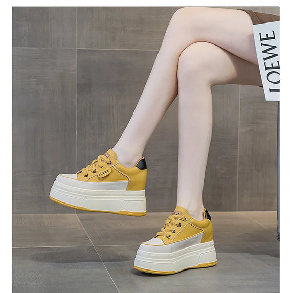 Fujin 9cm Cow Suede Genuine Leather Women Vulcanized Shoes Platform Wedge Skate Boarding High Brand Heels Casual Summer Shoes