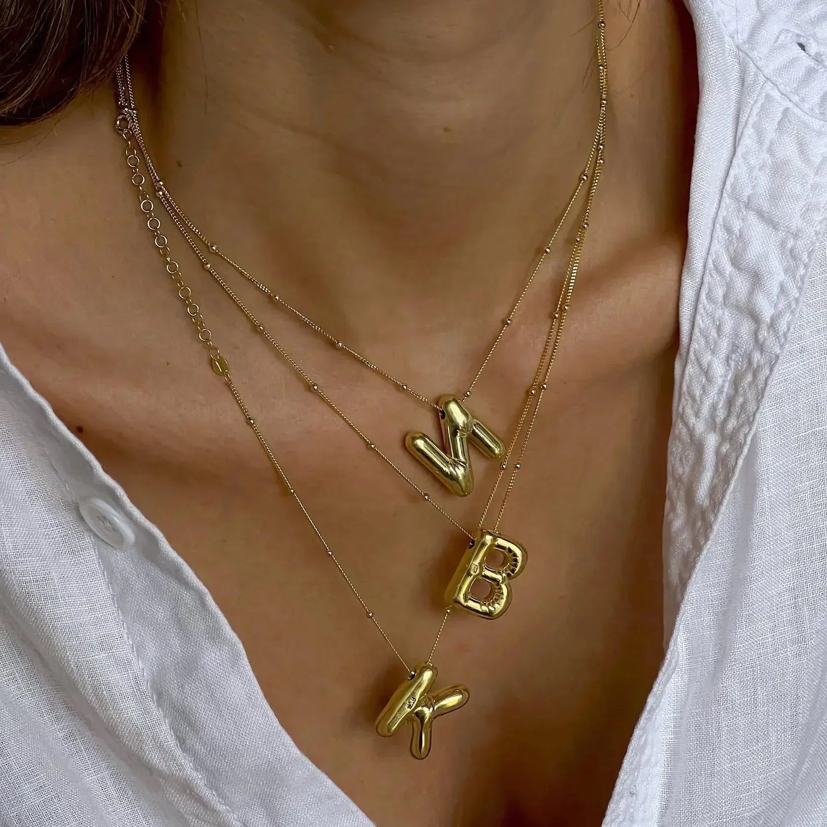 LATS Gold Plated Metal Chunky Alphabet Balloon Bubble Initial Letter Pendant Necklace for Women Men Boy Fashion Jewelry