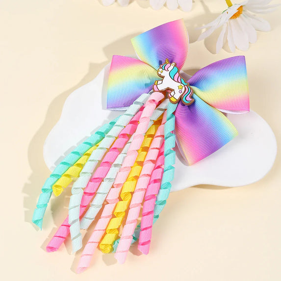 Sweet Unicorn Hair Clips For Girl Bow Barrette Cute Tassel Ribbon Curly Ponytail Hairpins Accessories