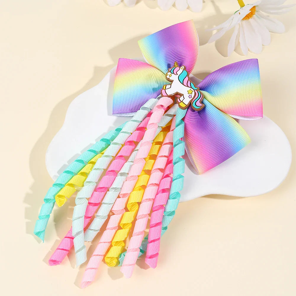 Sweet Unicorn Hair Clips For Girl Bow Barrette Cute Tassel Ribbon Curly Ponytail Hairpins Accessories