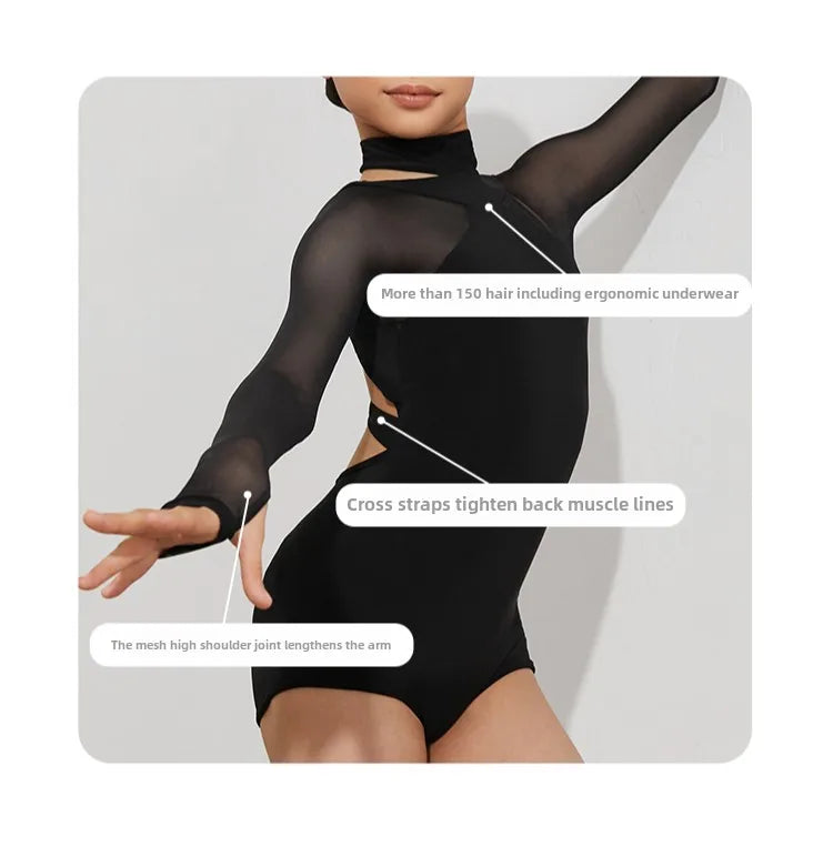 Black Latin Dance Clothing Jumpsuit Girls Long Sleeves Leotard Latin Tops Ballroom Dance Performance Wear Cha Cha Bodysuit Child