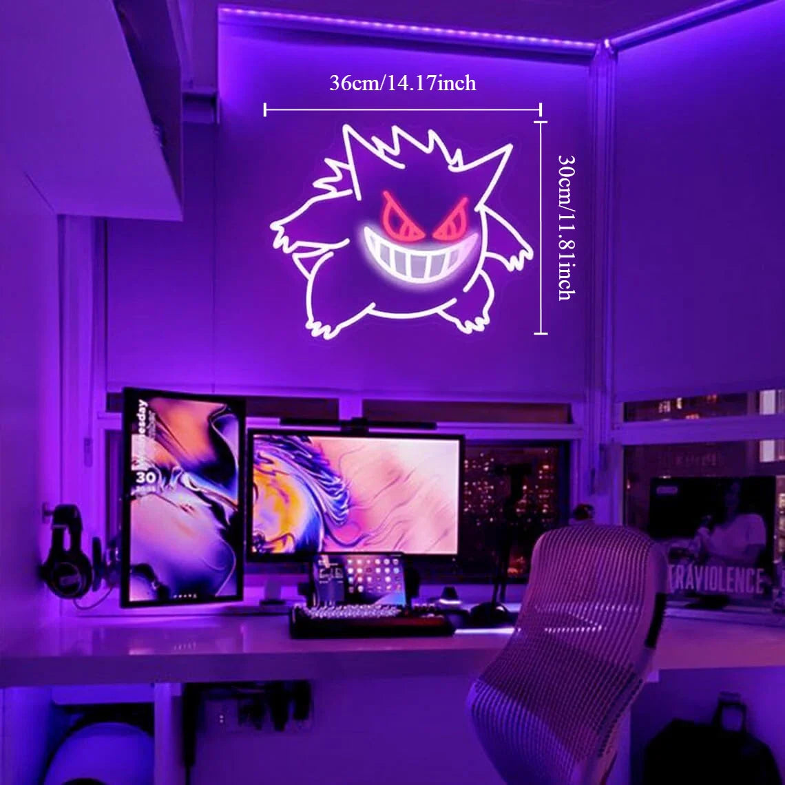 Gengar Cartoon LED Neon Sign MINISO Dimmable USB Wall Light for Gaming Room Man Cave Anime-Style Birthday Gifts for Kids Teens A