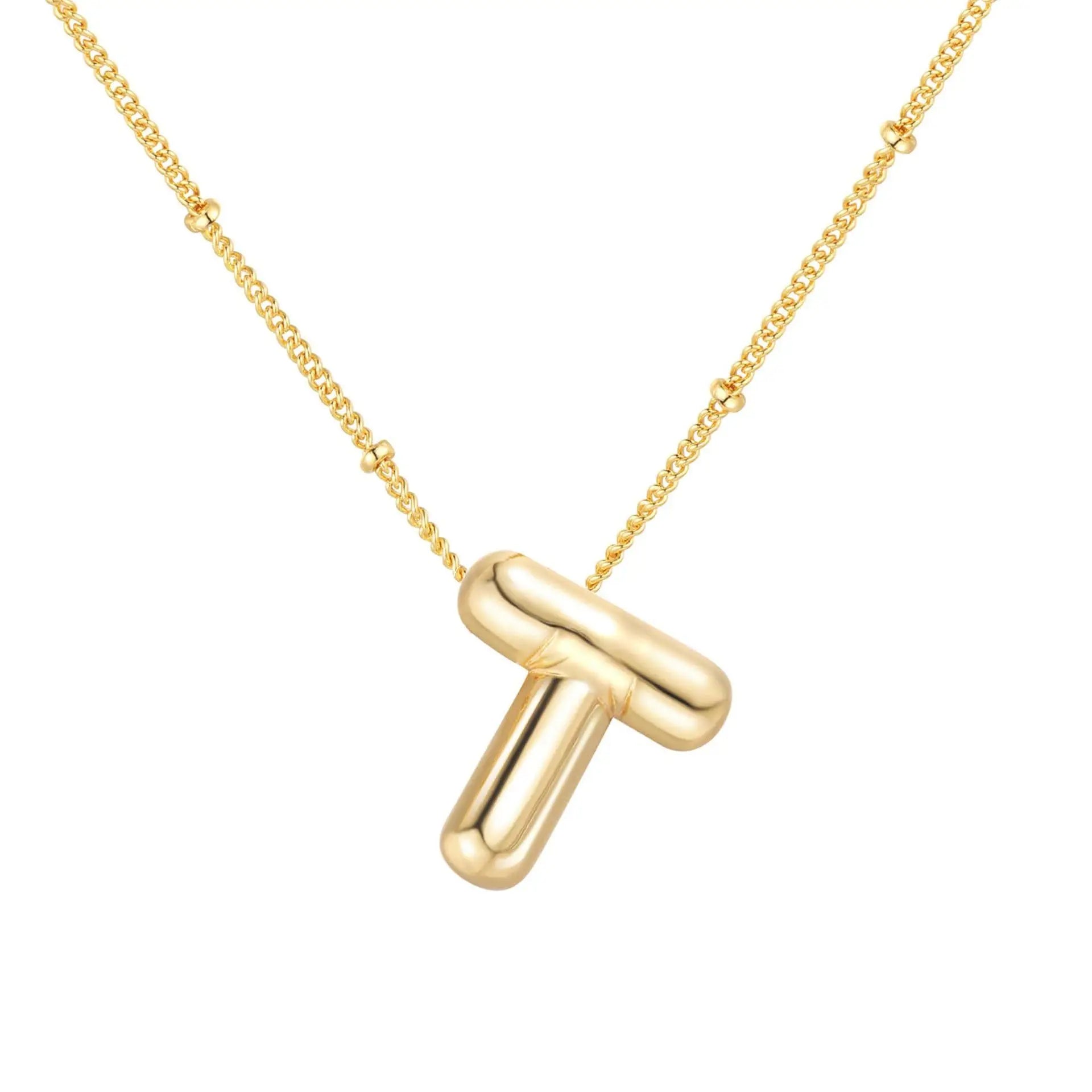 LATS Gold Plated Metal Chunky Alphabet Balloon Bubble Initial Letter Pendant Necklace for Women Men Boy Fashion Jewelry