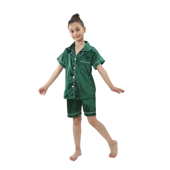 Summer Short Sleeve Satin Pajamas Silk Fabric Girls Sleepwear Boys Nightwear Solid Children's Pajama Sets Pyjamas Boy Baby Wear