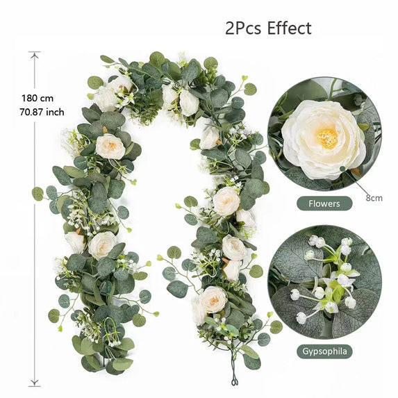 Artificial Eucalyptus Leaves Greenery Garland Faux Plant Spring Vines with White Flowers Berries for Wedding Home Party Decor