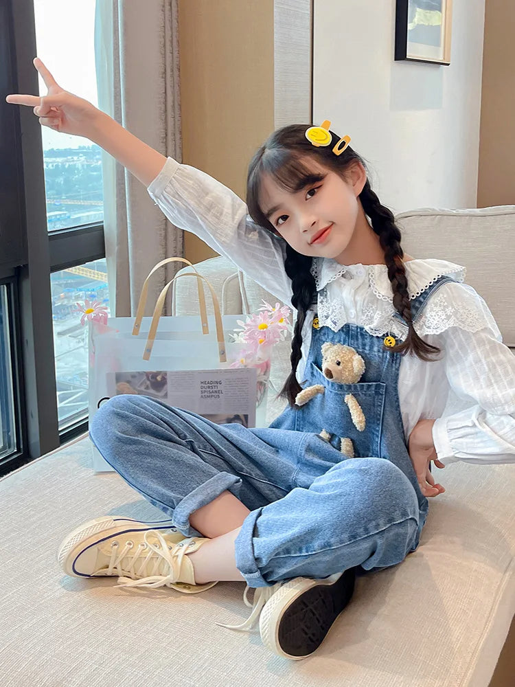 2024 Spring Autumn Children Denim Bib Jumpsuit Pockets with Bear Kids Overalls Jeans for Girls Teenage Girls Suspender Trousers