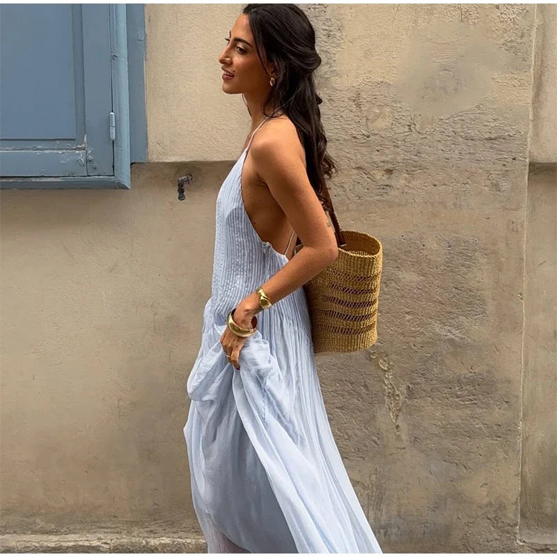 Sexy Solid Pleated Long Dress Women Elegant V Neck Sleeveless Suspender Backless Loose Robe Beach Party Ladies Maxi Gowns 2025