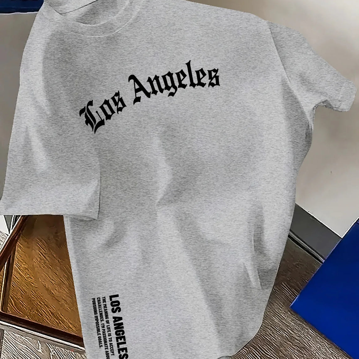 Men's Summer 100% Cotton Fashion Los Angeles Letter Printed Loose Large Casual Comfortable Round Neck Short Sleeve T-shirt Top
