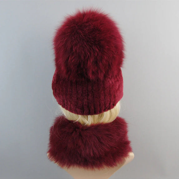 Luxury Women Winter Luxury Real Rex Rabbit Fur Hat Scarf 2 Pieces Knitted Rex Rabbit Fur Hat Top Natural Fox Fur Cap Scarves Set