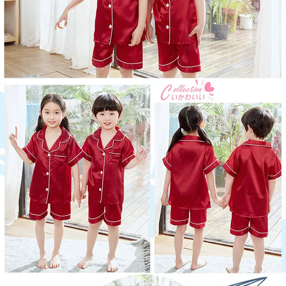 Summer Short Sleeve Satin Pajamas Silk Fabric Girls Sleepwear Boys Nightwear Solid Children's Pajama Sets Pyjamas Boy Baby Wear