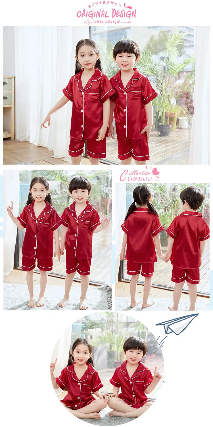Summer Short Sleeve Satin Pajamas Silk Fabric Girls Sleepwear Boys Nightwear Solid Children's Pajama Sets Pyjamas Boy Baby Wear