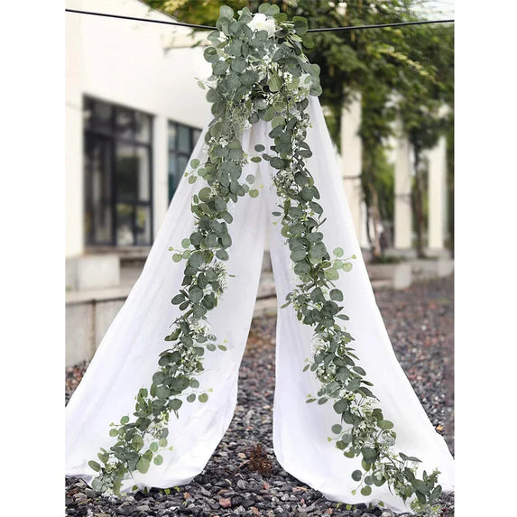 Artificial Eucalyptus Leaves Greenery Garland Faux Plant Spring Vines with White Flowers Berries for Wedding Home Party Decor