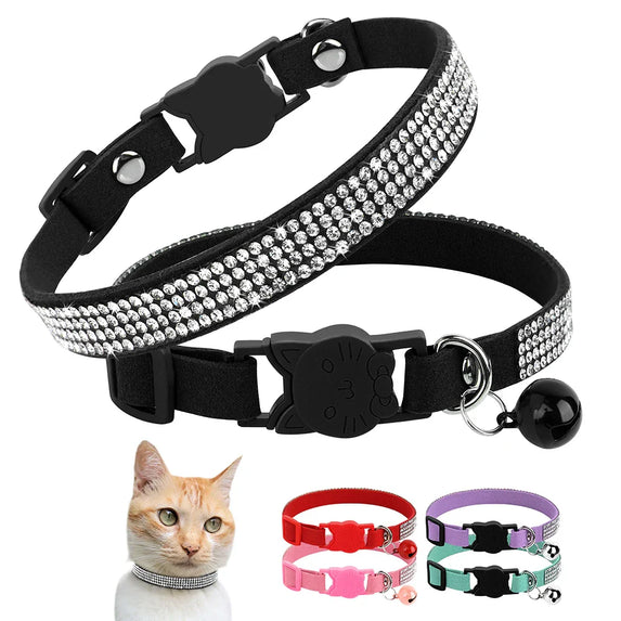 Suede Leather Cat Collar Bling Rhinestone Cats Collars with Bell Safety Breakaway Pet Puppy Necklace Adjustable XS S Pink Soft