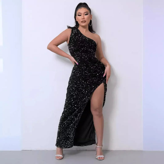 2023 Amazon Independent Station Fashionable Sleeveless Sequins Flannelette Single Shoulder Side Slit Evening Dress