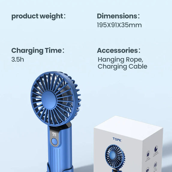 TOPK 5000mAh Mini Portable Fan USB Rechargeable Hand Held Fan,Small Pocket Fan 3 Speeds with Lanyard &Base,USB Desk Fan Foldable
