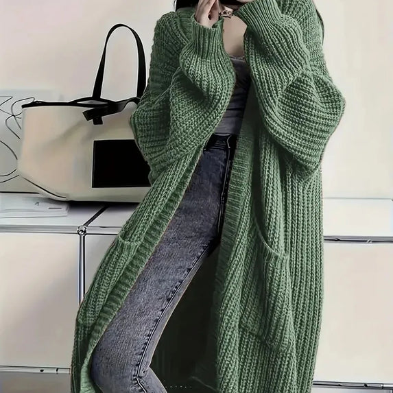 Women's Solid Open Front Knit Cardigan with Pockets - Casual Long Sleeve Sweater for Comfortable Layering
