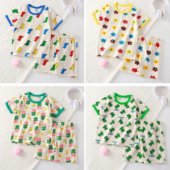 New Kids Boys Girls Summer Clothing Sets Children Cute Cartoon Print Short Sleeve T-Shirt Tops with Shorts Toddler Baby Pajamas